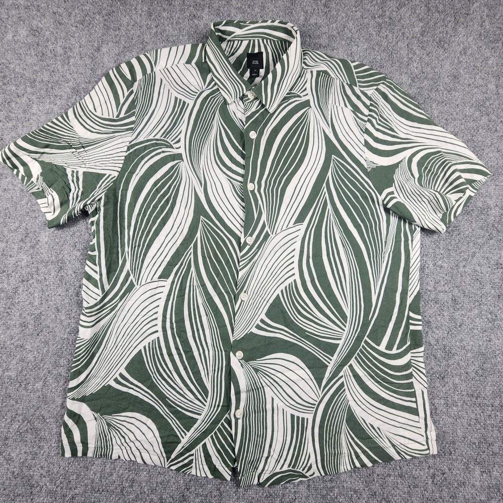 River Island Mens Green White Abstract Leaf Print Viscose Button Up Shirt M